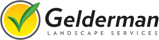 The image shows the Gelderman Landscape Services logo with a yellow circle and green checkmark. The background is black. No people or buildings.