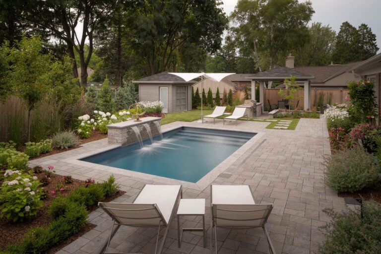 Backyard features a rectangular pool with fountains, surrounded by lush greenery and patio seating. A small shed is visible in the background.