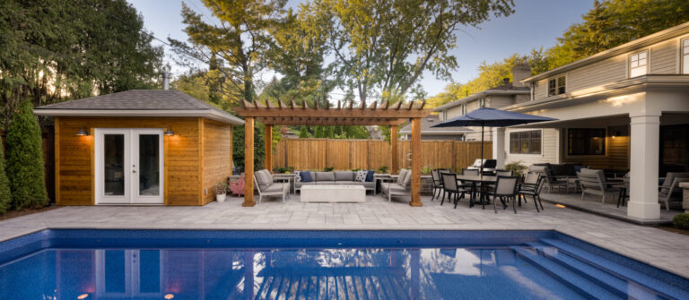 A modern backyard with a swimming pool, wooden pergola, and outdoor seating area, surrounded by trees and a wooden fence.