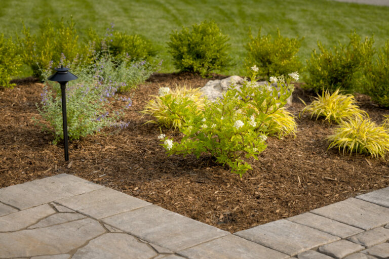 A landscaped garden with mulch, shrubs, flowers, and a stone pathway. A small black garden light is visible beside the path.