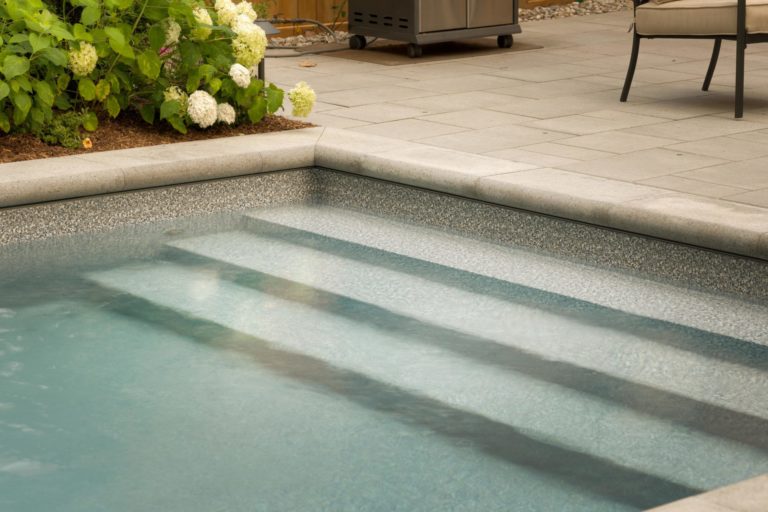 Stone steps leads down into clear pool water. Hydrangeas grow in a flowerbed to the left.