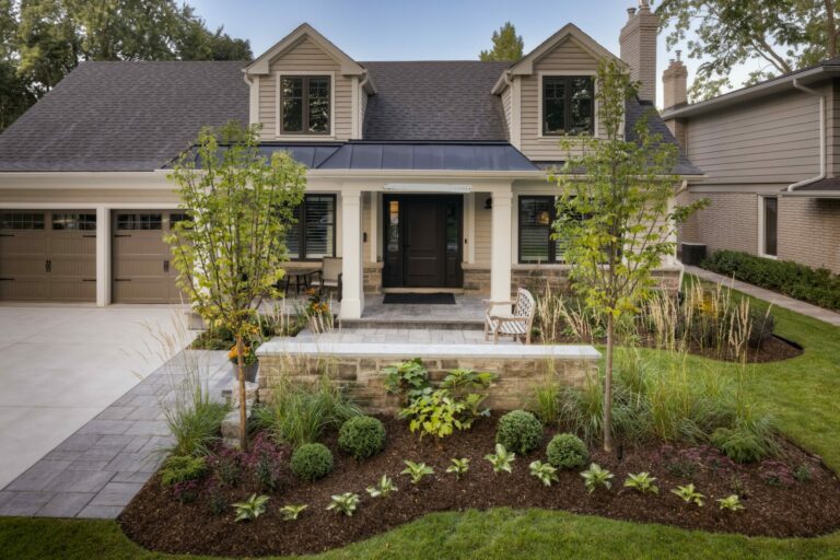 A modern suburban house with a well-maintained garden, paved driveway, and porch, surrounded by trees and neatly trimmed shrubbery.